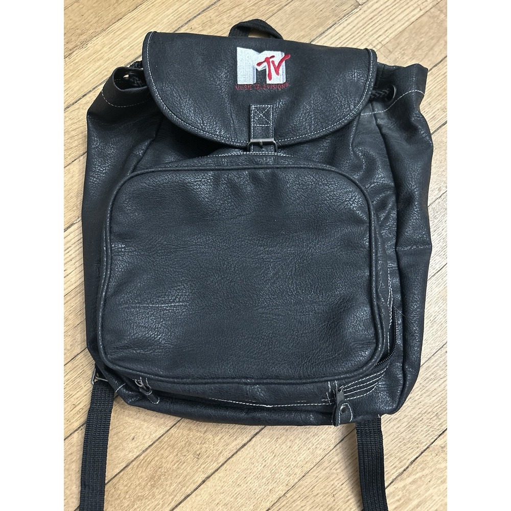 Vintage MTV Backpack 90's - Drawstring Faux Leather With Front Supply Pocket